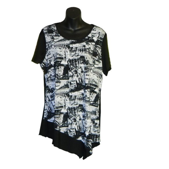 2 for/ $25 Red Coral Global Landmarks Graphic Asymmetrical Blouse Size-XL - Picture 2 of 14